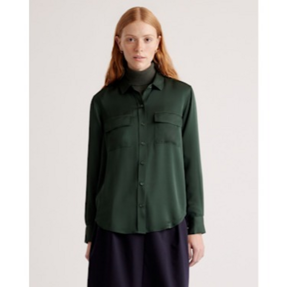 Quince Washable Stretch Silk Utility Long Sleeve Blouse in Green